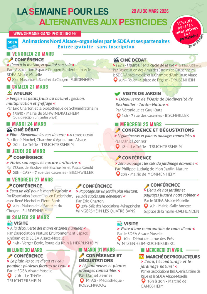 SDEA : semaine alternatives aux pesticides du 20 au 30 mars - experts et animations